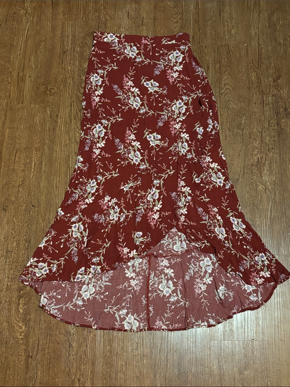 American Eagle Outfitters Burgundy Floral High-Low Maxi Skirt